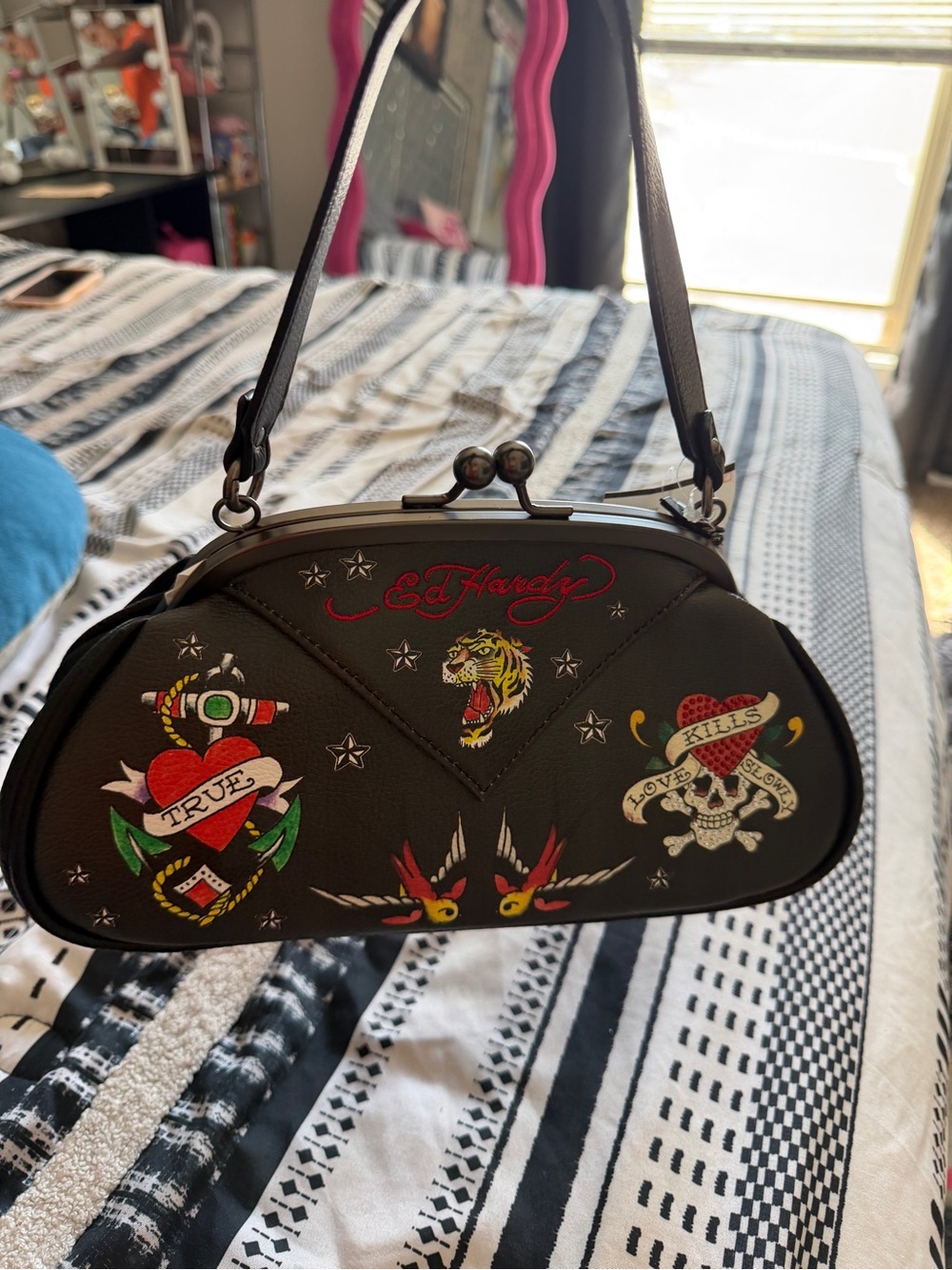 Ed Hardy Black Tattoo-Print Kiss-Lock Wristlet